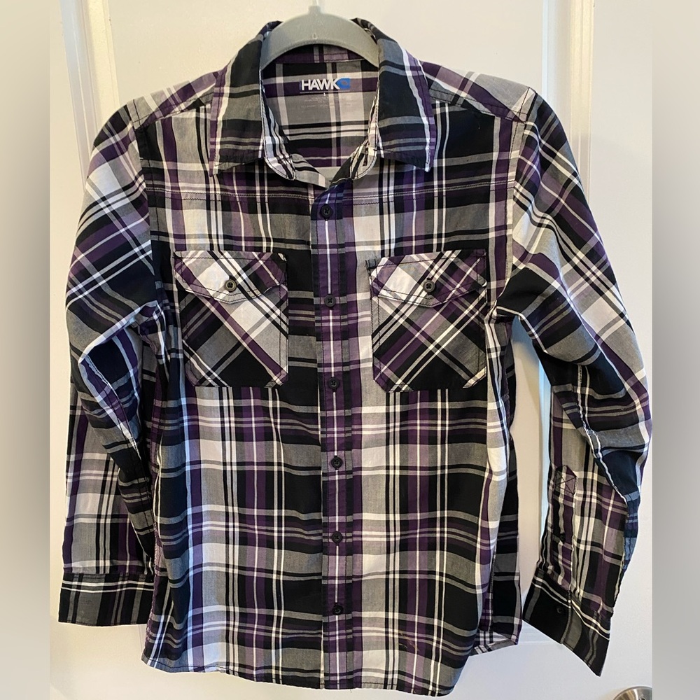 Boys Hawk Purple Plaid Button Down Shirt Large